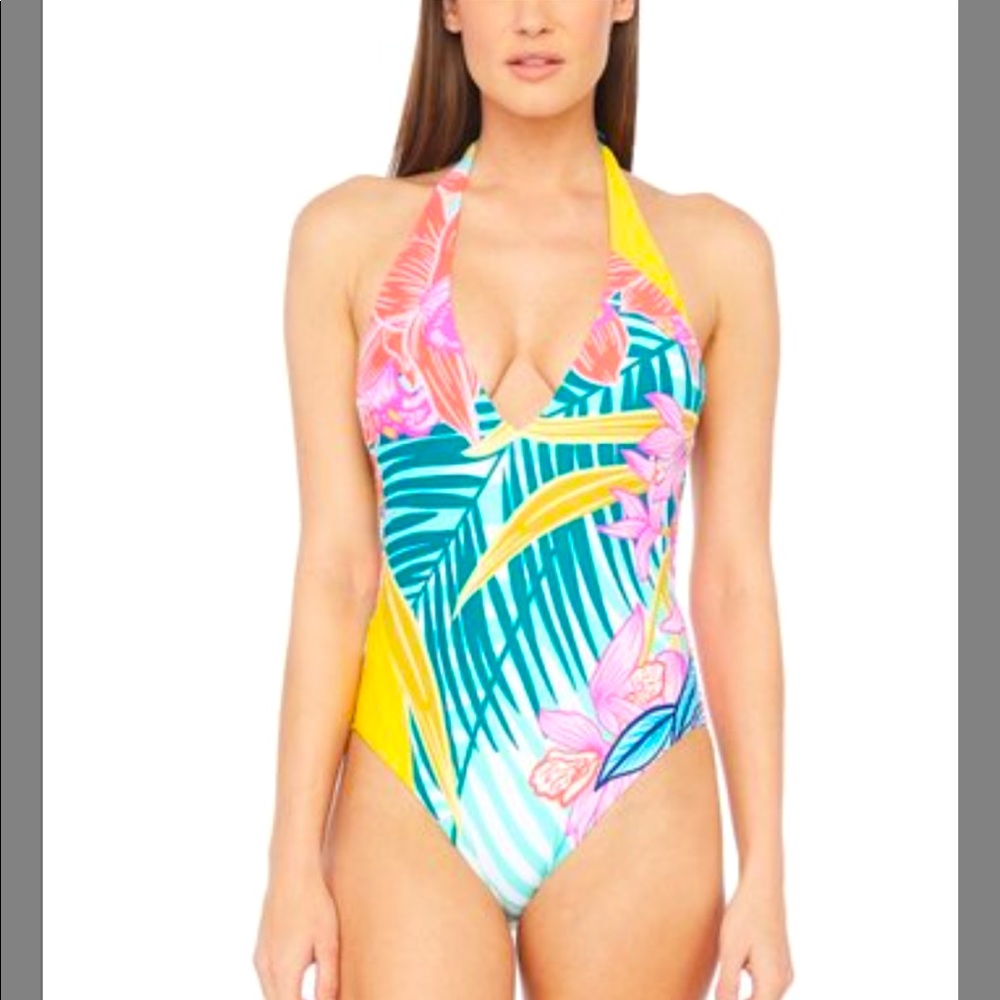 Green Tropical Leaf Plunge One-Piece - Trina Turk